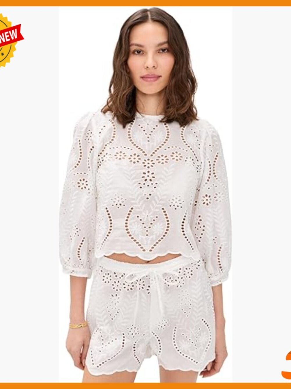 Lightweight Cotton Poplin Top with Eyelet Details and Puff Sleeves